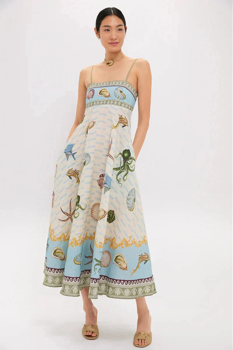 High-waisted Cotton-linen Printed Camisole Casual Fashionable Dress